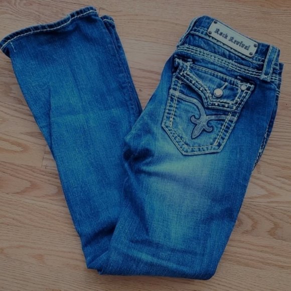 Rock Revival Kai boot cut jeans flap pockets bling crystals 30x31.5 prof hem #11 - Picture 2 of 9